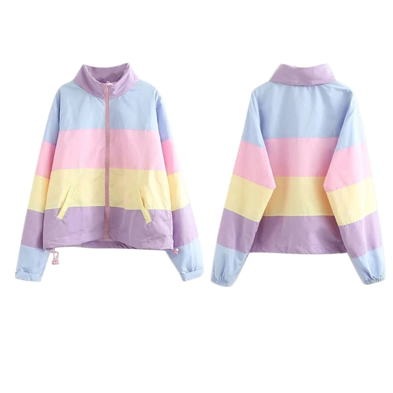 Women Winter Padded Puffer Jacket Rainbow Stripes Hooded Drawstring Zipper Coat