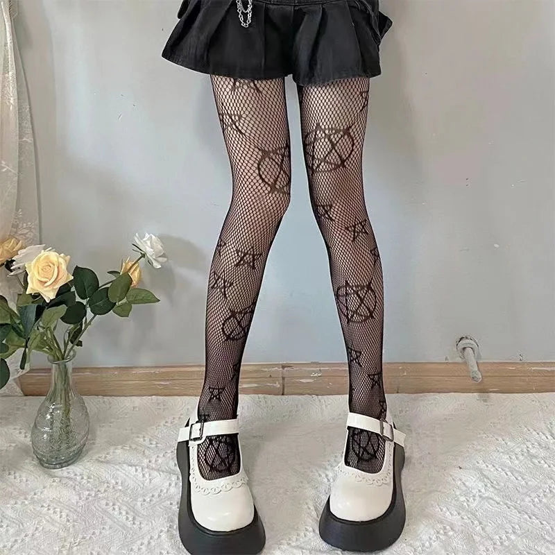 High Fashion Premium High Quality 1 pair of autumn thin pentagram fishing net socks, sweet cool lolly jk leggings, black anti hook stockings