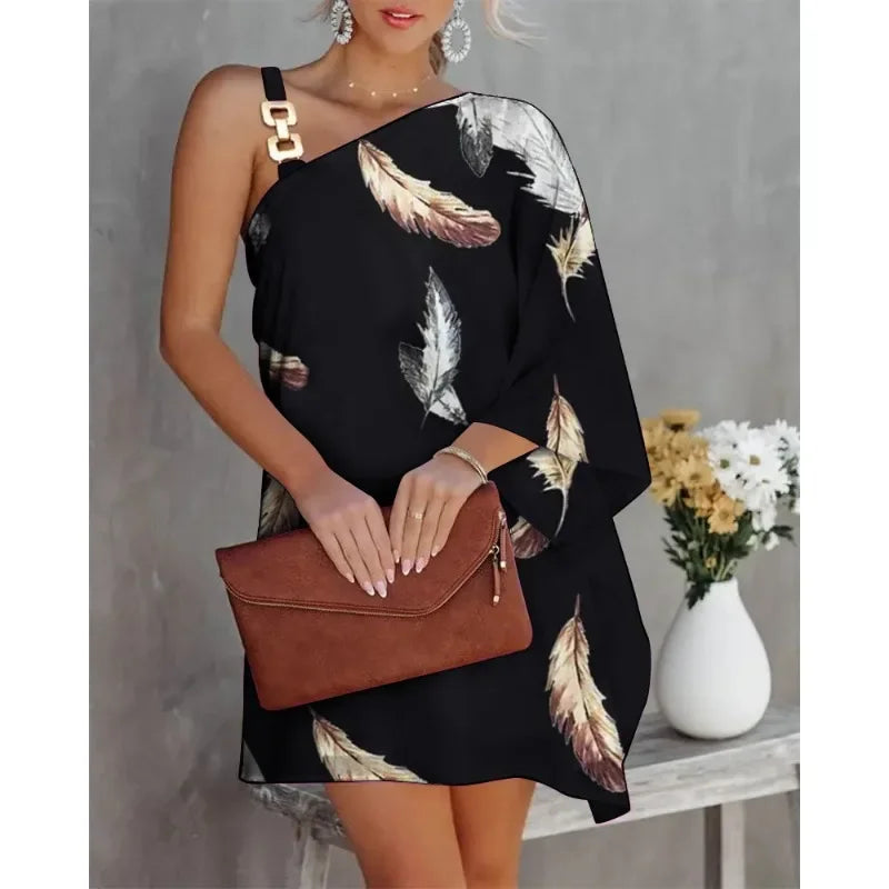 2026 Fashion Comfortable,Style Sexy Diagonal Neck Commuter Dress with Metal Strap Glam , Look Fashion Forward & Feel Effortlessly Elegant Solid & Printed Summer Dress