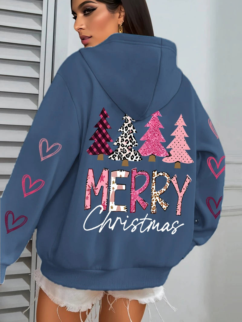 All Match Holiday Streetwear Women’s Merry Christmas Hoodie, Casual, Cozy & Christmas-Ready Harajuku Pink Tree Pullover, Merry Christmas Pink and more colours Tree Hoodie!, Celebrate 2025 in Style Christmas Tree Loose Hoodie