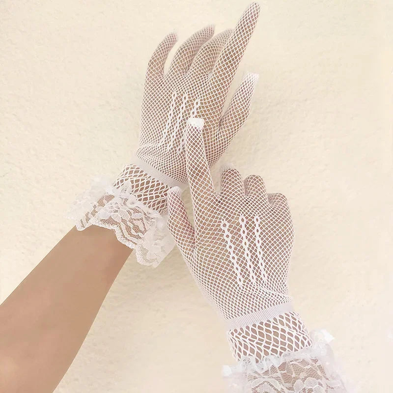 Premium 2026 Style Ruffle Mesh Gloves for Women Full Finger Elegance & Trendy Vibes , Fishnet Lace Driving Gloves Sexy, UV Proof & Effortlessly Chic