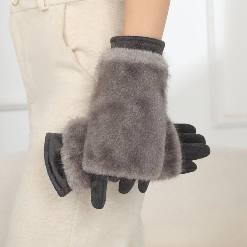 Premium 2026 Women's autumn and winter rabbit fur gloves plus velvet thickened windproof and warm riding cold-proof touch screen suede gloves