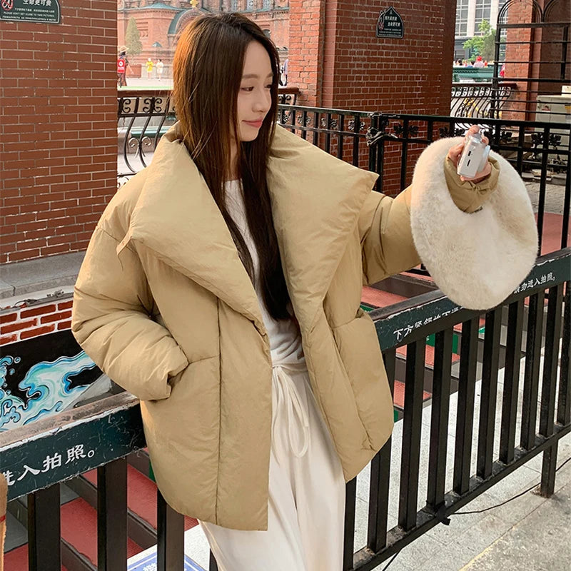 Women's Winter Lapel Puffer Jacket Loose Y2K Fashion Down Cotton Coat Woman Solid Color Casual Windproof Warm Cropped Parkas
