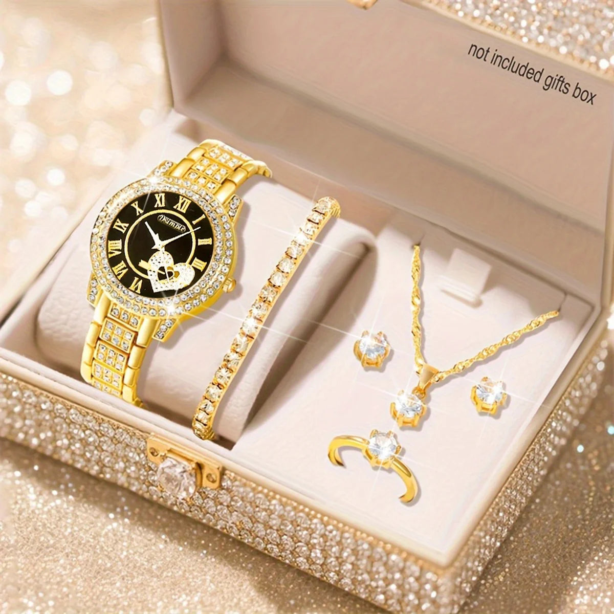 Premium Style & Sparkle Elegant Ladies Quartz Watch with Matching Jewelry Perfect Gift for Her, Luxury Meets Fashion 6PCS Elegant Quartz Watch & Jewelry Set Perfect for Valentine’s Day & Special Occasions