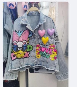 Fashion Brand Jeans Coat Women's Spring Autumn New Heavy Industry Cartoon Sequins Chaqueta High Street Loose-Fitting Denim Coats