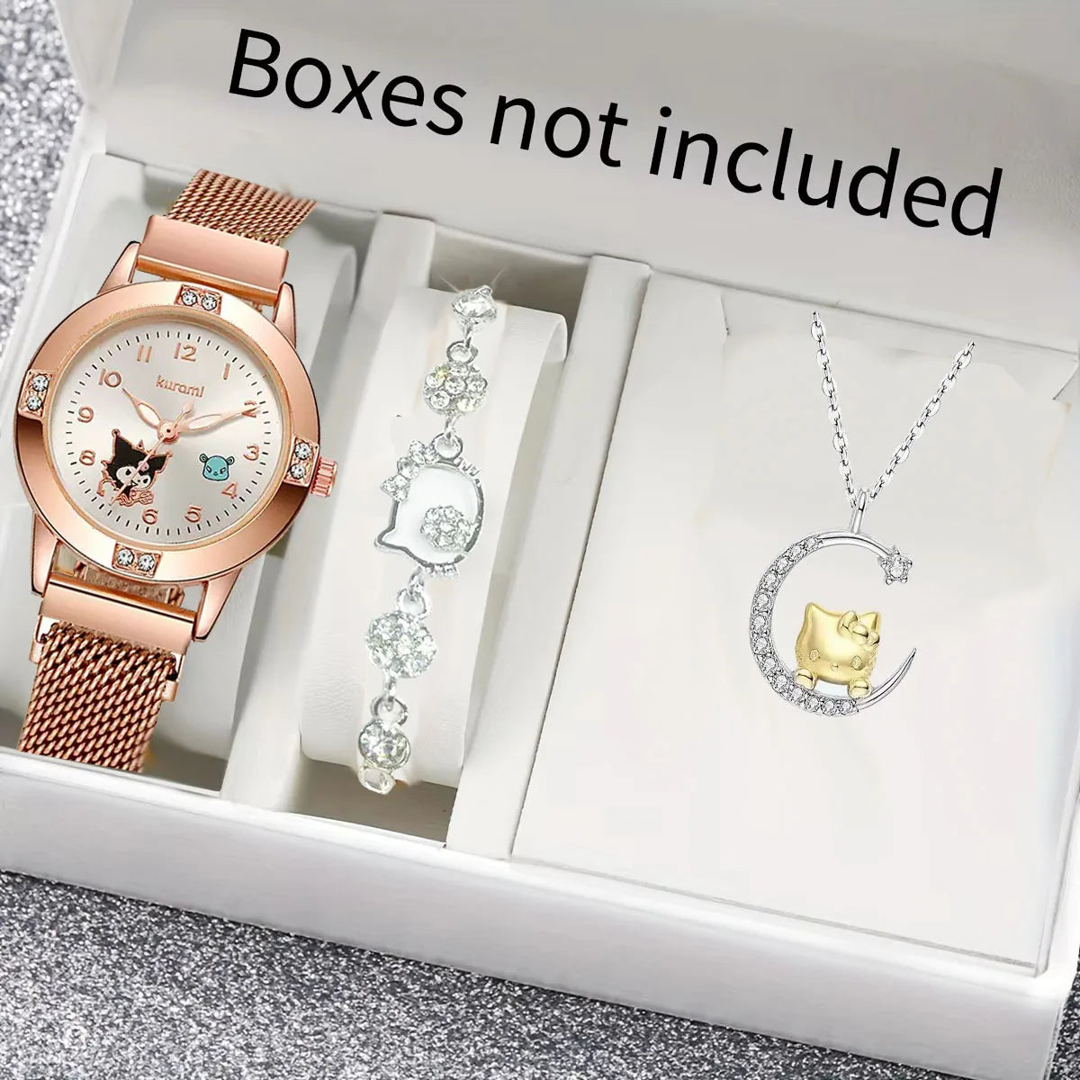 2026 Premium Luxury! Hello Kitty Diamond Watch Gift & Watch Set for Trendy Queens , Limited Edition 3PCS Hello Kitty Watch & Jewelry Gift Set Adorable Meets Elegant, Diamond Watch Set for Trendy Queens