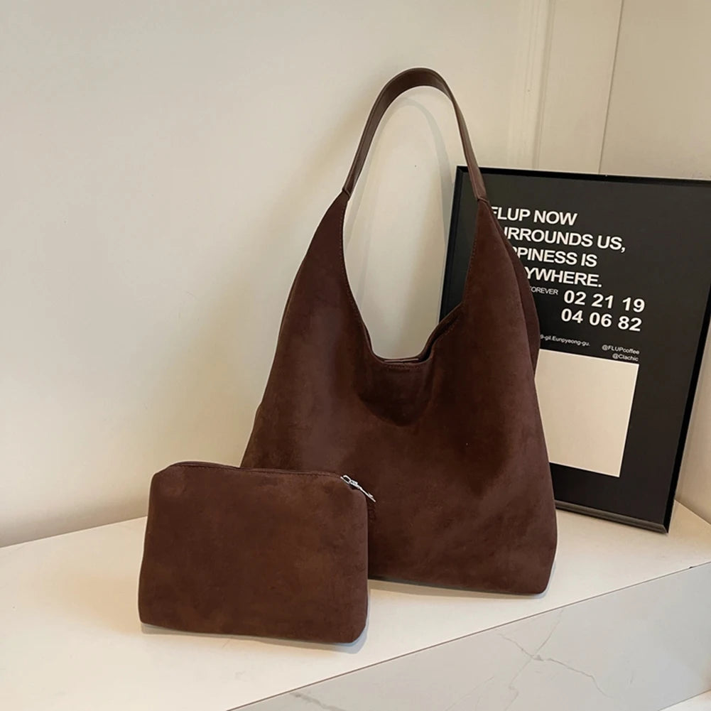 Women Suede Shoulder Bag Large Capacity Vintage Women's Bag Retro Handbag Simple Casual Commuter Bag Autumn Winter Work Travel