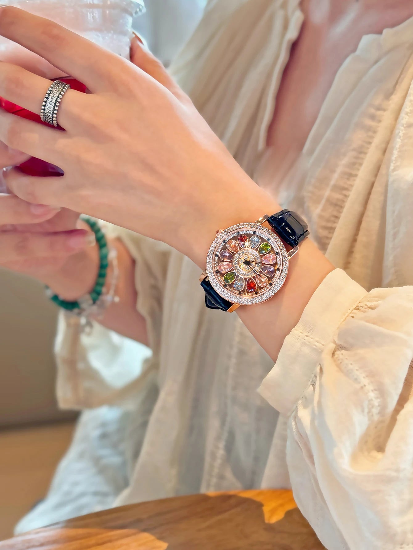 High Class Premium Rhinestone Colourful Rhinestone Watch Premium Design, Rotating Dial Rhinestone Inlay & Premium Craftsmanship Quartz Watch for Women Who Love to Shine ,