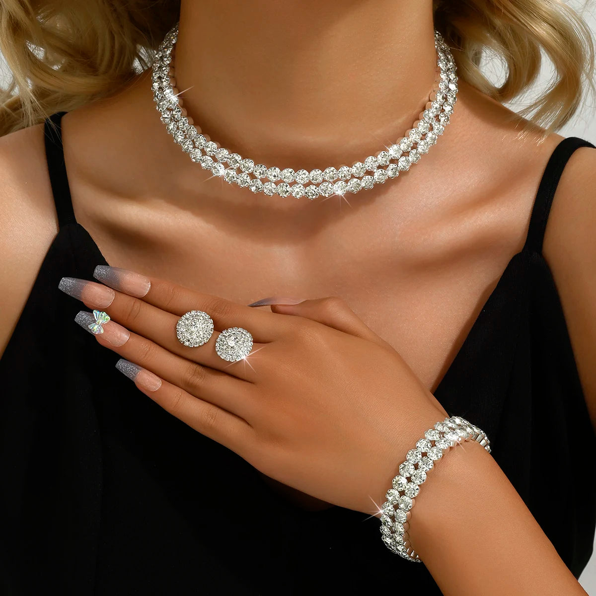 Premium 2026 Style Rhinestone Wedding Jewelry Set Elegant, Chic & Party Ready, 4PCS Wedding Jewelry Set Earrings, Necklace & Bracelet for Glam Queens, 4PCS Luxury Bridal Jewelry Set Trendy, Sexy