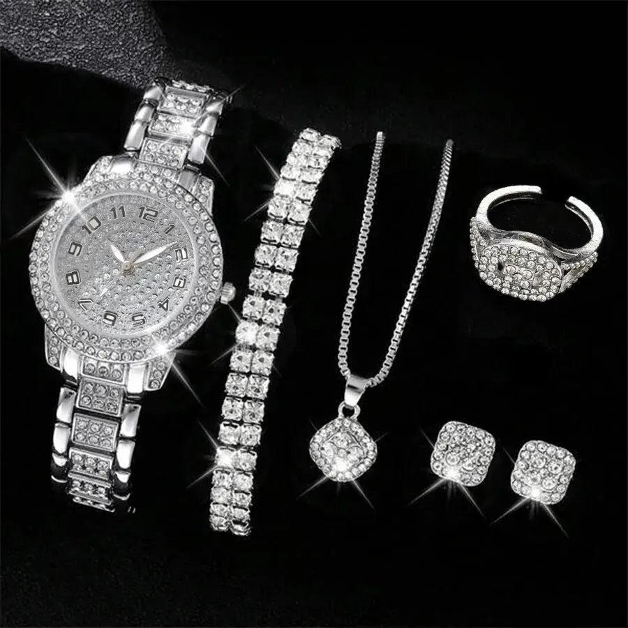 The Ultimate Luxury Vibe 6PCS Alloy & Crystal Watch Set High-Class, Timeless, Unforgettable, Premium Quartz Watch & Bracelet Set Sparkle Brighter, Live Louder, 2026 Edition, Elegant 6-in-1 Luxury Watch & Rhinestone Bracelet Set Premium Gift