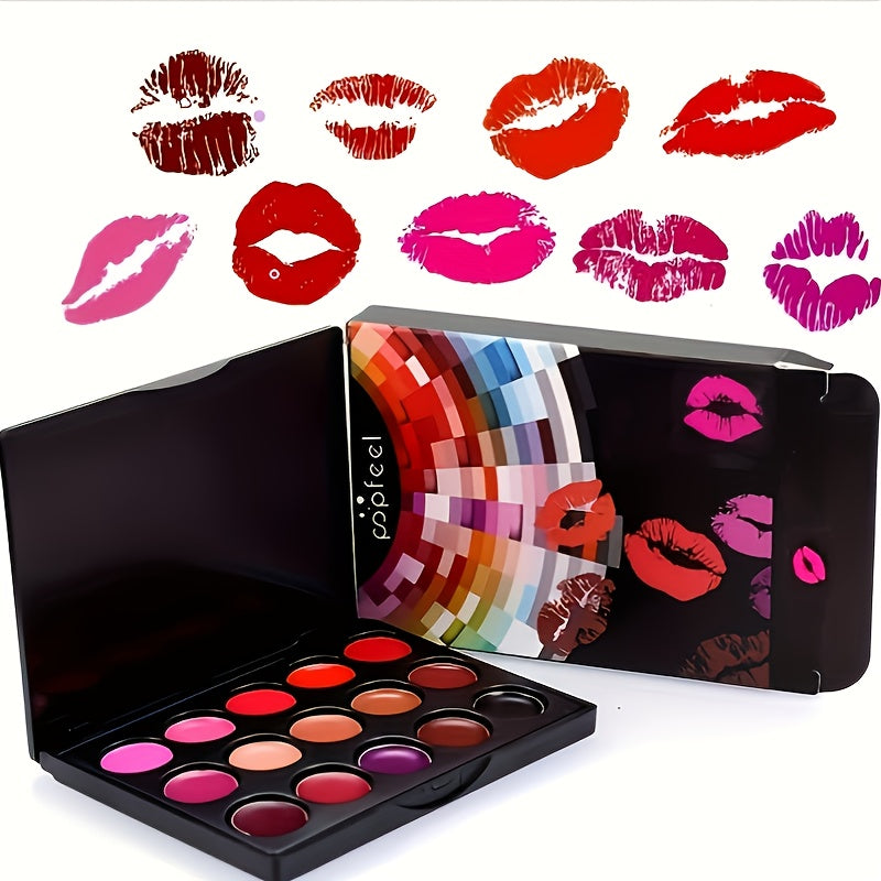 15 Shades of Seduction Waterproof Lipstick Palette for a Bold & Sexy Look ,15 Must-Have Lip Colors Waterproof, Matte & Shiny for All-Day Confidence! ,Matte or Shiny, Always Stunning 15-Color Long-Lasting Lip Palette!