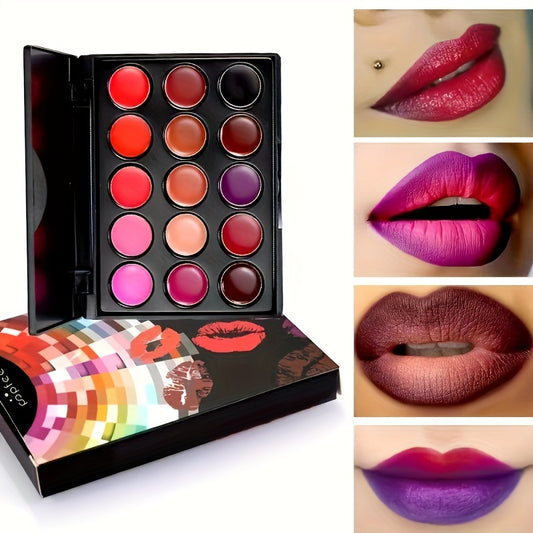 15 Shades of Seduction Waterproof Lipstick Palette for a Bold & Sexy Look ,15 Must-Have Lip Colors Waterproof, Matte & Shiny for All-Day Confidence! ,Matte or Shiny, Always Stunning 15-Color Long-Lasting Lip Palette!