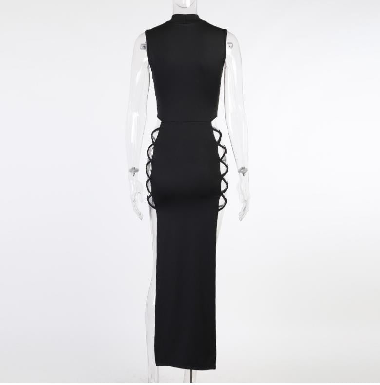 Sexy Hollow Out High Split Sleeveless Dress, Flirty, Bold & Elegant High Neck Hollow-Out Dress for Women, Flirty, Bold & Elegant  High Neck Hollow-Out Dress for Women ,Solid Sleeveless High Neck Dress