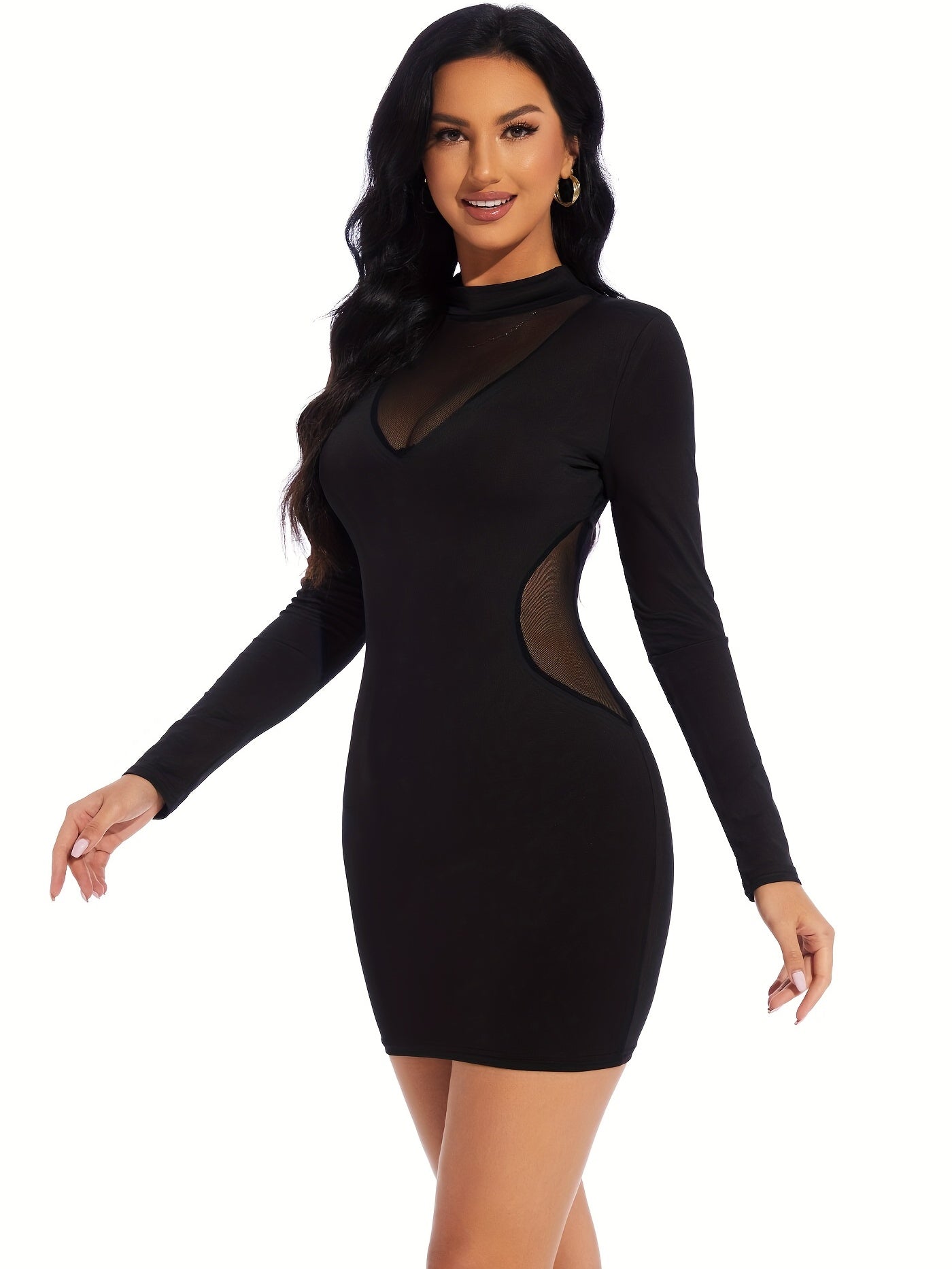 Sexy Mesh & Bodycon Mini Dress That Turns Heads!, Mesh Contrast Bodycon Mini Dress Must Have, Flirty, Fierce & Stretchy Long Sleeve Party Dress for Bold Women, Sexy Solid Mesh Mini Dress 2026