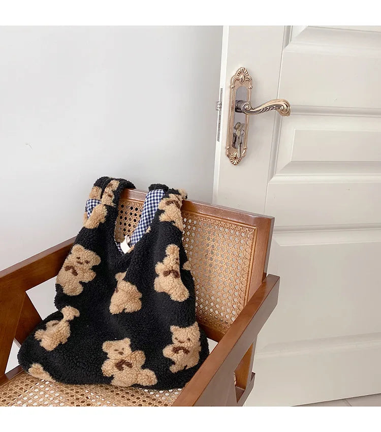 Plush Bear Shoulder Bag Soft, Cute & Ultra Trendy , Premium Large Capacity Plush Tote  Fashionable, Fun & Practical