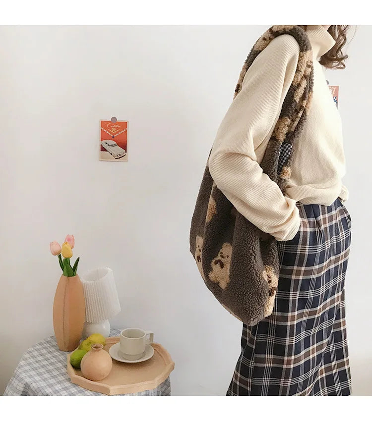 Plush Bear Shoulder Bag Soft, Cute & Ultra Trendy , Premium Large Capacity Plush Tote  Fashionable, Fun & Practical