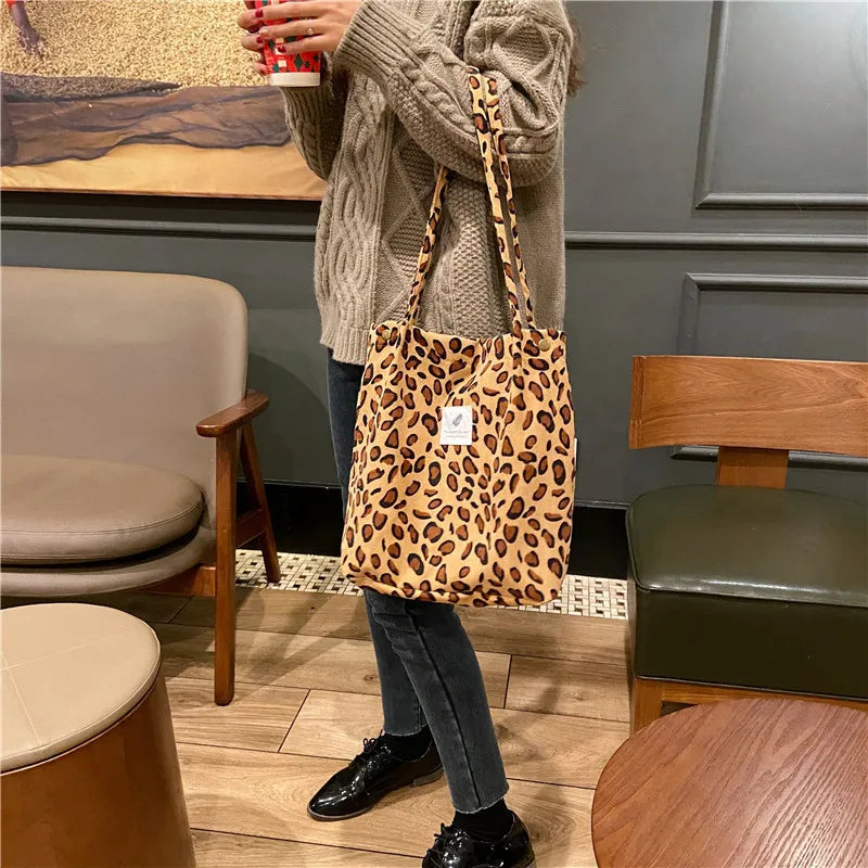 Premium Canvas Lined Shoulder Bag Stylish, Practical & Fashion2026 Wild Chic! Corduroy Leopard Tote Bag Cute, Eco-Friendly & Ultra Trendy