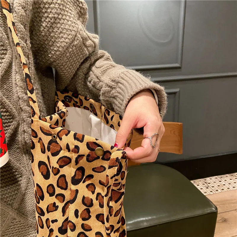 Premium Canvas Lined Shoulder Bag Stylish, Practical & Fashion2026 Wild Chic! Corduroy Leopard Tote Bag Cute, Eco-Friendly & Ultra Trendy