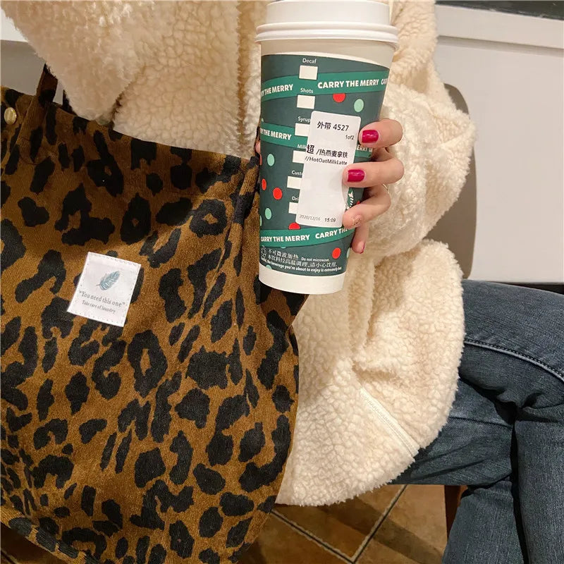 Premium Canvas Lined Shoulder Bag Stylish, Practical & Fashion2026 Wild Chic! Corduroy Leopard Tote Bag Cute, Eco-Friendly & Ultra Trendy