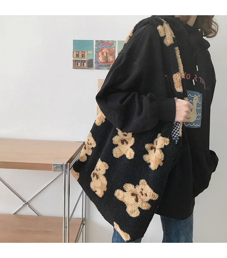 Plush Bear Shoulder Bag Soft, Cute & Ultra Trendy , Premium Large Capacity Plush Tote  Fashionable, Fun & Practical
