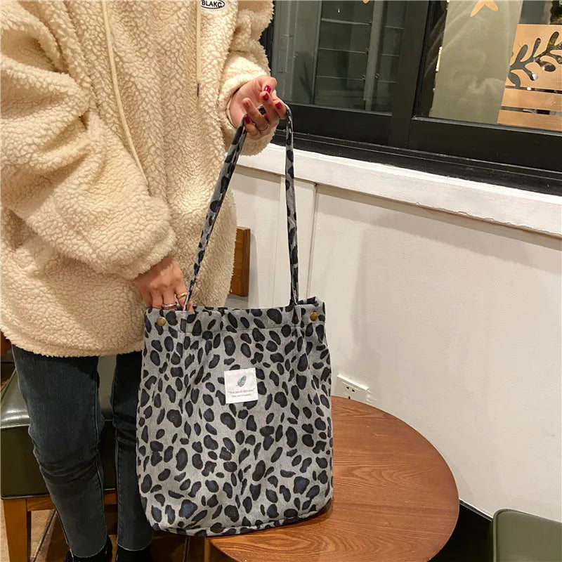 Premium Canvas Lined Shoulder Bag Stylish, Practical & Fashion2026 Wild Chic! Corduroy Leopard Tote Bag Cute, Eco-Friendly & Ultra Trendy