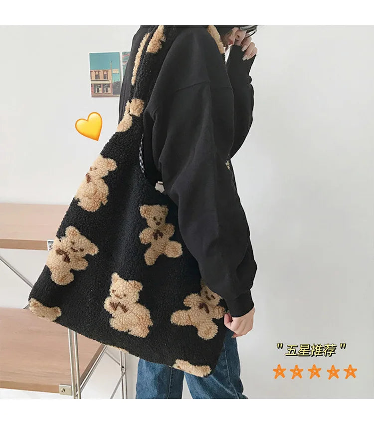 Plush Bear Shoulder Bag Soft, Cute & Ultra Trendy , Premium Large Capacity Plush Tote  Fashionable, Fun & Practical