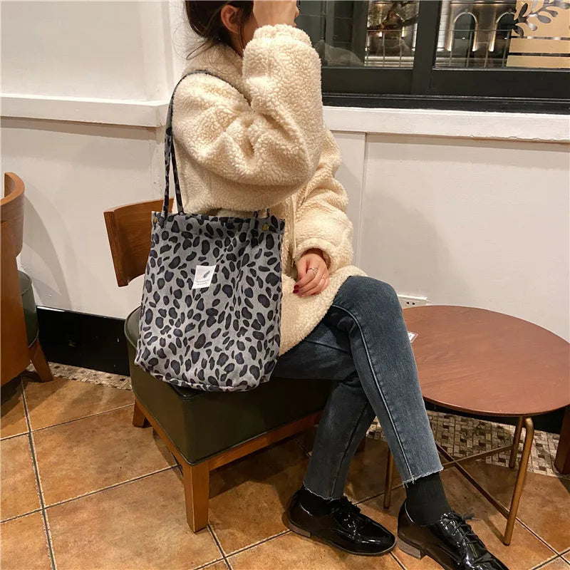 Premium Canvas Lined Shoulder Bag Stylish, Practical & Fashion2026 Wild Chic! Corduroy Leopard Tote Bag Cute, Eco-Friendly & Ultra Trendy