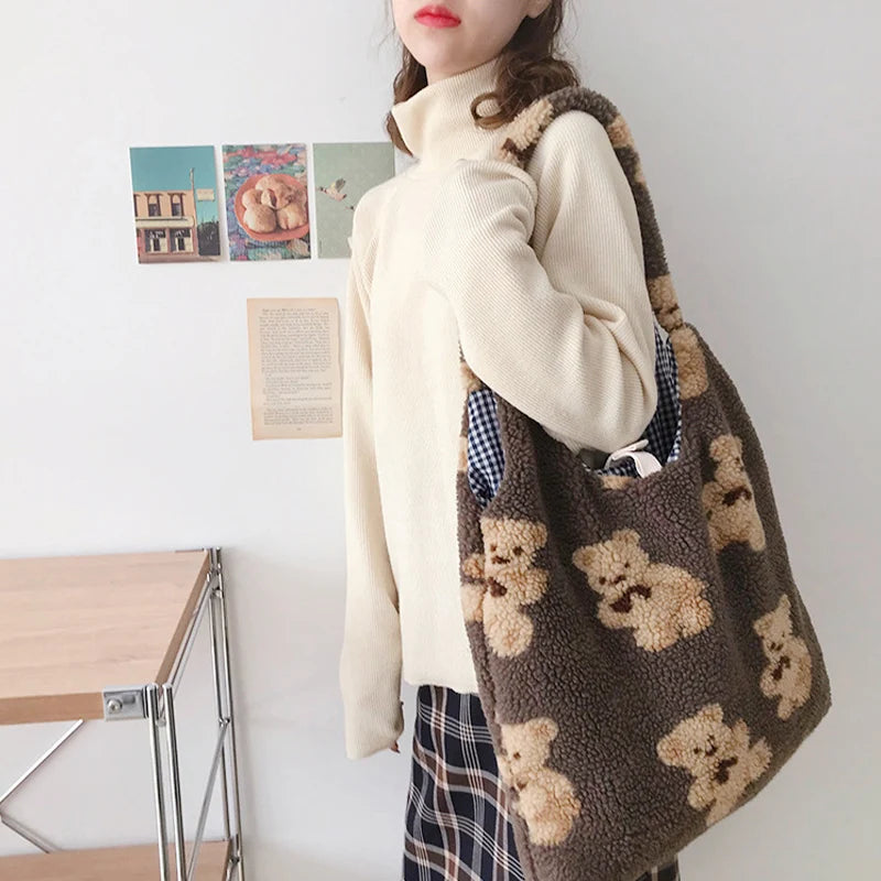 Plush Bear Shoulder Bag Soft, Cute & Ultra Trendy , Premium Large Capacity Plush Tote  Fashionable, Fun & Practical