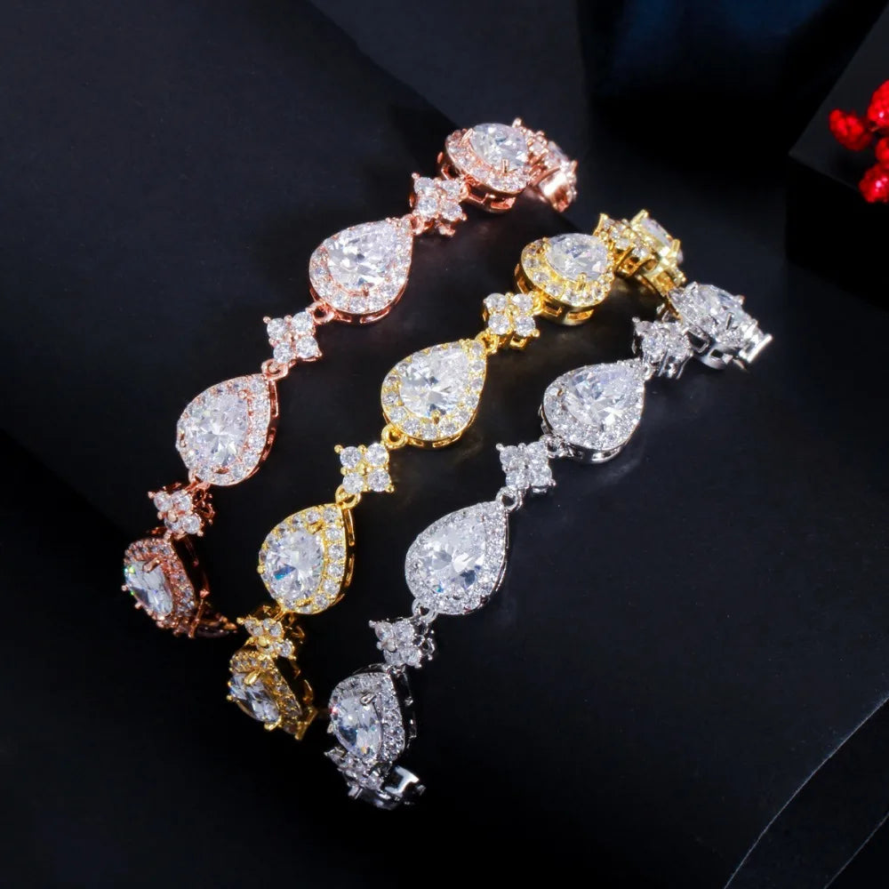 Hight Quality CWWZircons Top Bling Big Water Drop Cubic Zirconia Rose Gold Color Tennis Bracelet for Women Trendy Party Wedding Jewelry CB238
