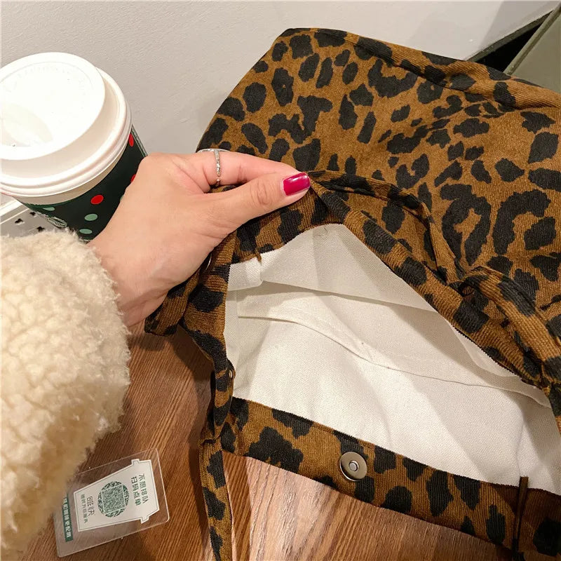 Premium Canvas Lined Shoulder Bag Stylish, Practical & Fashion2026 Wild Chic! Corduroy Leopard Tote Bag Cute, Eco-Friendly & Ultra Trendy