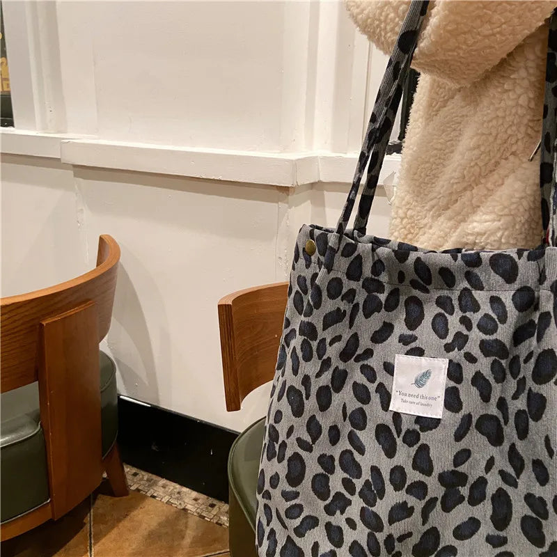 Premium Canvas Lined Shoulder Bag Stylish, Practical & Fashion2026 Wild Chic! Corduroy Leopard Tote Bag Cute, Eco-Friendly & Ultra Trendy