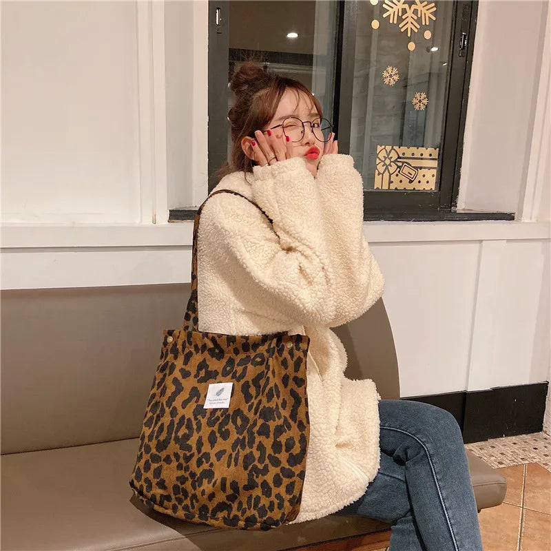Premium Canvas Lined Shoulder Bag Stylish, Practical & Fashion2026 Wild Chic! Corduroy Leopard Tote Bag Cute, Eco-Friendly & Ultra Trendy