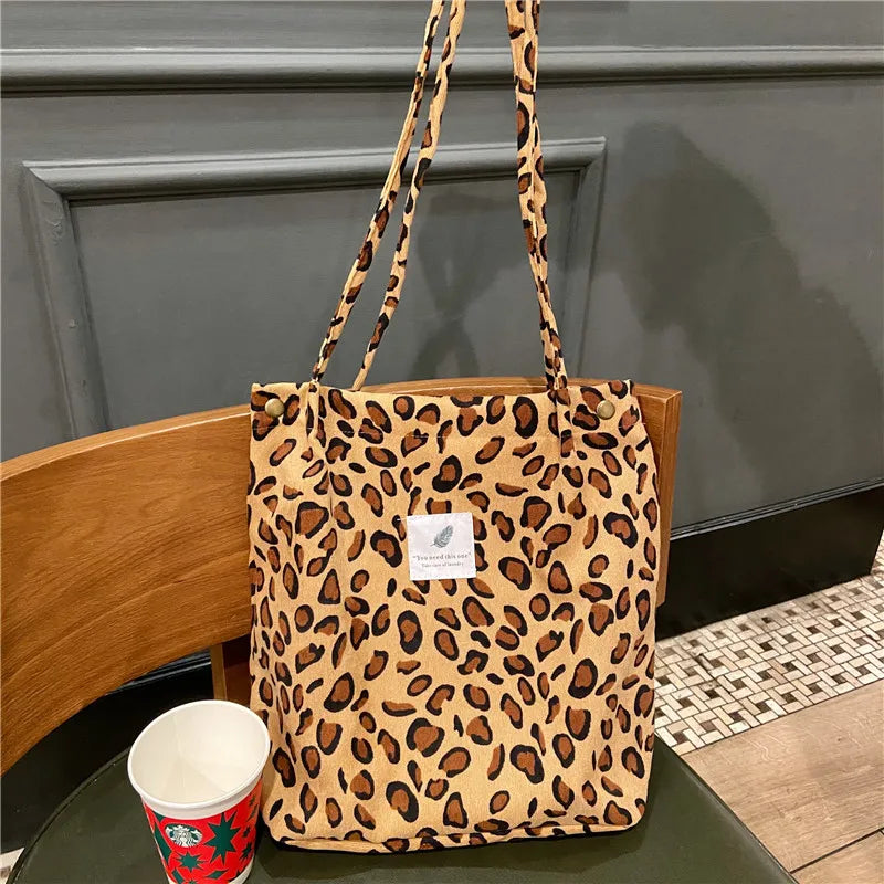 Premium Canvas Lined Shoulder Bag Stylish, Practical & Fashion2026 Wild Chic! Corduroy Leopard Tote Bag Cute, Eco-Friendly & Ultra Trendy