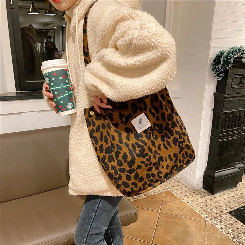 Premium Canvas Lined Shoulder Bag Stylish, Practical & Fashion2026 Wild Chic! Corduroy Leopard Tote Bag Cute, Eco-Friendly & Ultra Trendy