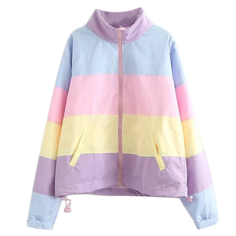 Women Winter Padded Puffer Jacket Rainbow Stripes Hooded Drawstring Zipper Coat