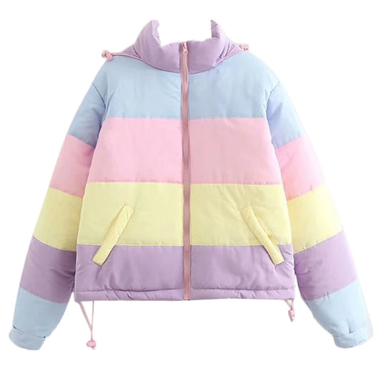 Women Winter Padded Puffer Jacket Rainbow Stripes Hooded Drawstring Zipper Coat