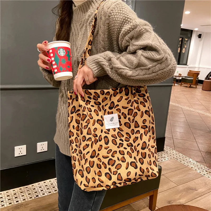 Premium Canvas Lined Shoulder Bag Stylish, Practical & Fashion2026 Wild Chic! Corduroy Leopard Tote Bag Cute, Eco-Friendly & Ultra Trendy