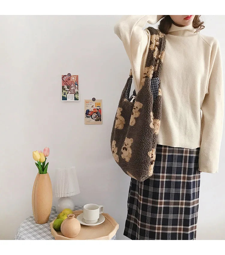 Plush Bear Shoulder Bag Soft, Cute & Ultra Trendy , Premium Large Capacity Plush Tote  Fashionable, Fun & Practical