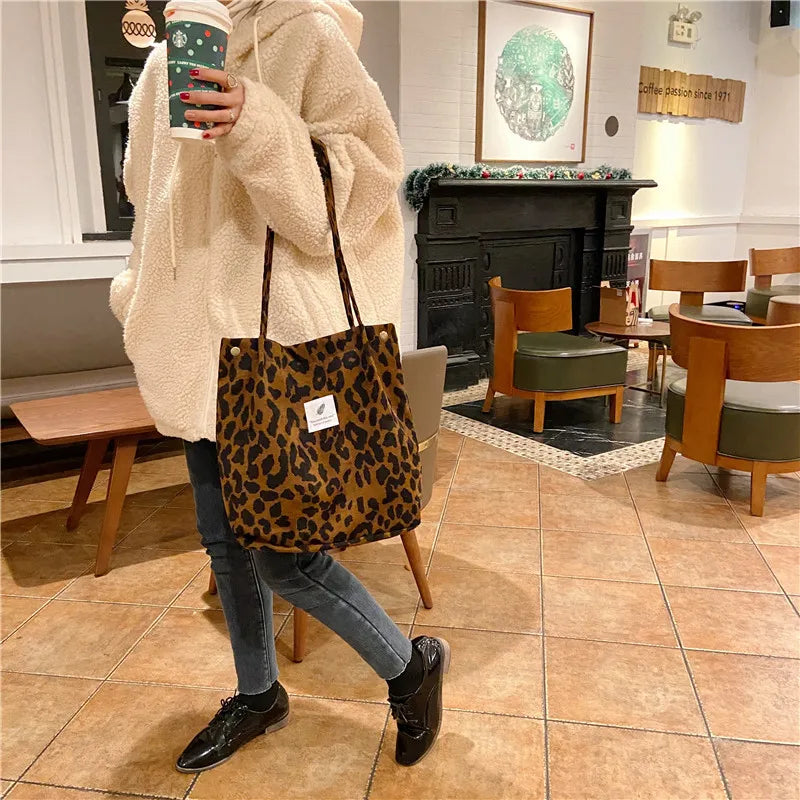 Premium Canvas Lined Shoulder Bag Stylish, Practical & Fashion2026 Wild Chic! Corduroy Leopard Tote Bag Cute, Eco-Friendly & Ultra Trendy
