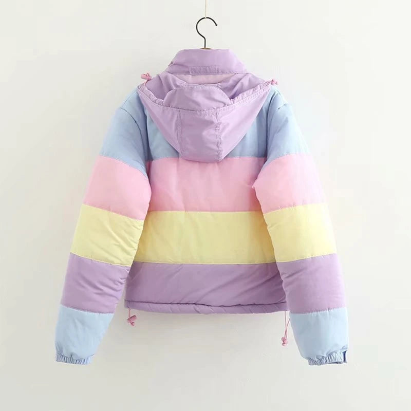 Women Winter Padded Puffer Jacket Rainbow Stripes Hooded Drawstring Zipper Coat