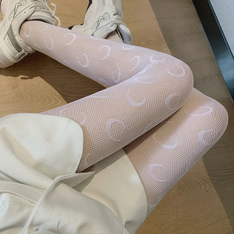 High Quality Heart Flower Pattern Pantyhose, Trendy Japanese Punk Inspired Mesh Tights Sexy, Soft & Premium, Mesh Heart & Flower Fishnet Stockings, Sexy & Cute! Heart Flower Mesh Fishnet Tights for Trendy Girls