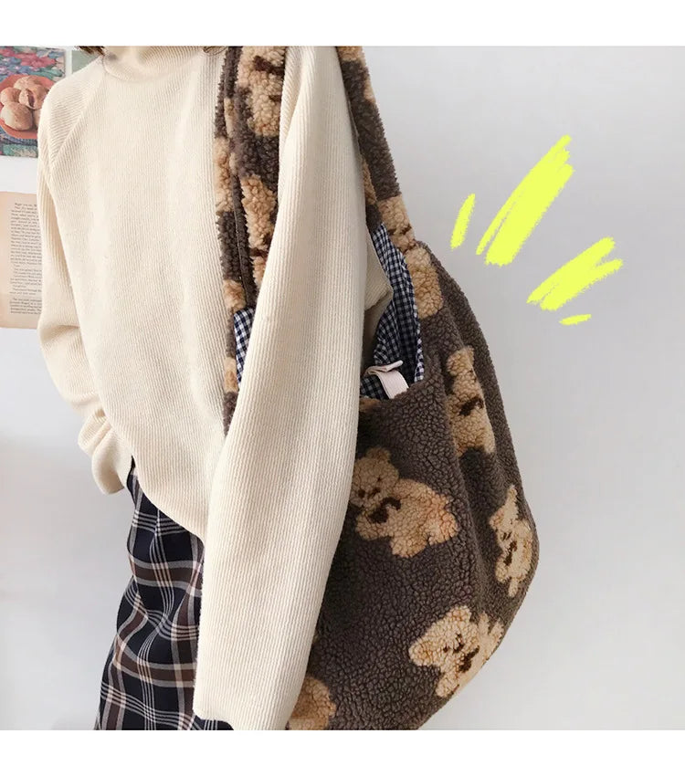 Plush Bear Shoulder Bag Soft, Cute & Ultra Trendy , Premium Large Capacity Plush Tote  Fashionable, Fun & Practical