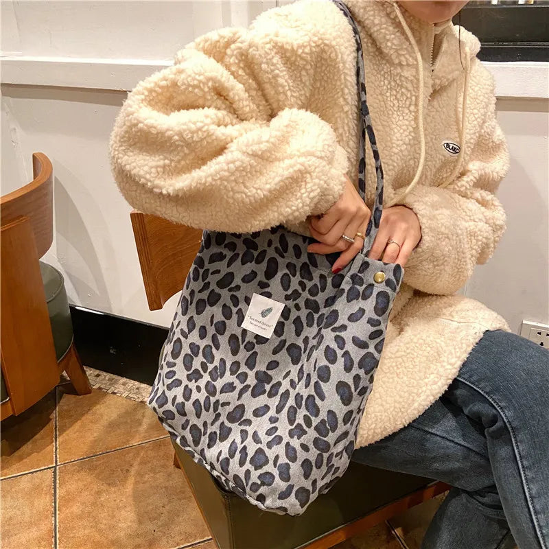 Premium Canvas Lined Shoulder Bag Stylish, Practical & Fashion2026 Wild Chic! Corduroy Leopard Tote Bag Cute, Eco-Friendly & Ultra Trendy