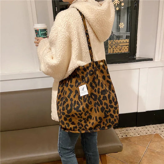 Premium Canvas Lined Shoulder Bag Stylish, Practical & Fashion2026 Wild Chic! Corduroy Leopard Tote Bag Cute, Eco-Friendly & Ultra Trendy