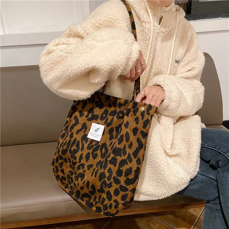 Premium Canvas Lined Shoulder Bag Stylish, Practical & Fashion2026 Wild Chic! Corduroy Leopard Tote Bag Cute, Eco-Friendly & Ultra Trendy