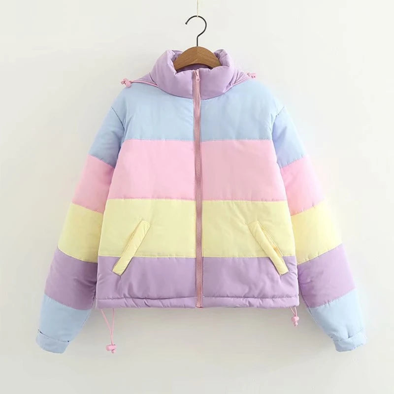 Women Winter Padded Puffer Jacket Rainbow Stripes Hooded Drawstring Zipper Coat