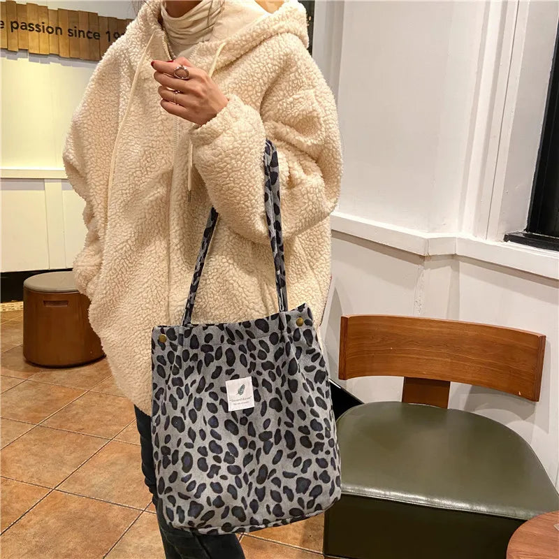 Premium Canvas Lined Shoulder Bag Stylish, Practical & Fashion2026 Wild Chic! Corduroy Leopard Tote Bag Cute, Eco-Friendly & Ultra Trendy