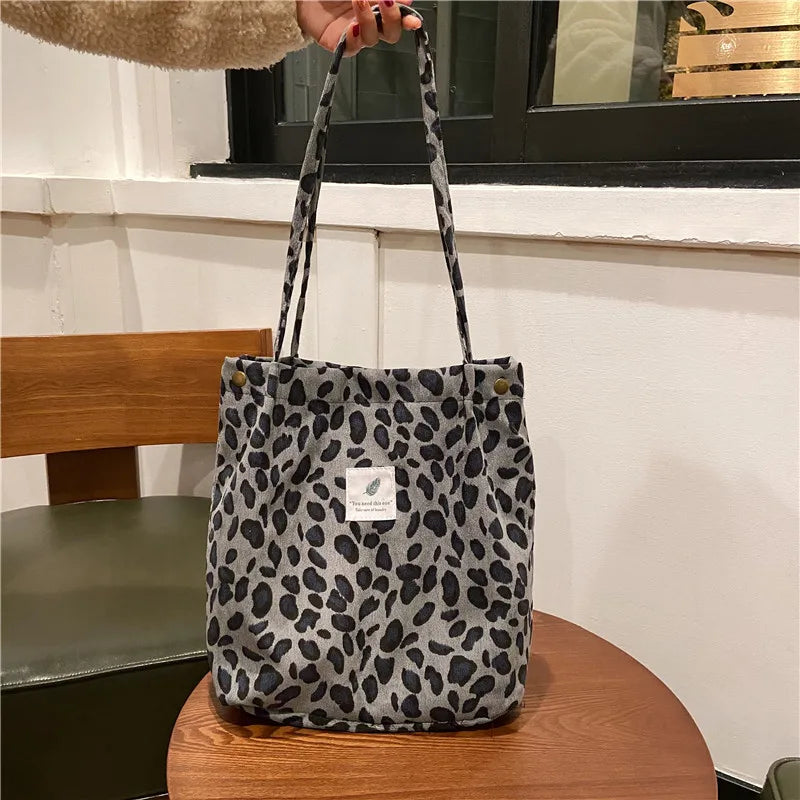 Premium Canvas Lined Shoulder Bag Stylish, Practical & Fashion2026 Wild Chic! Corduroy Leopard Tote Bag Cute, Eco-Friendly & Ultra Trendy
