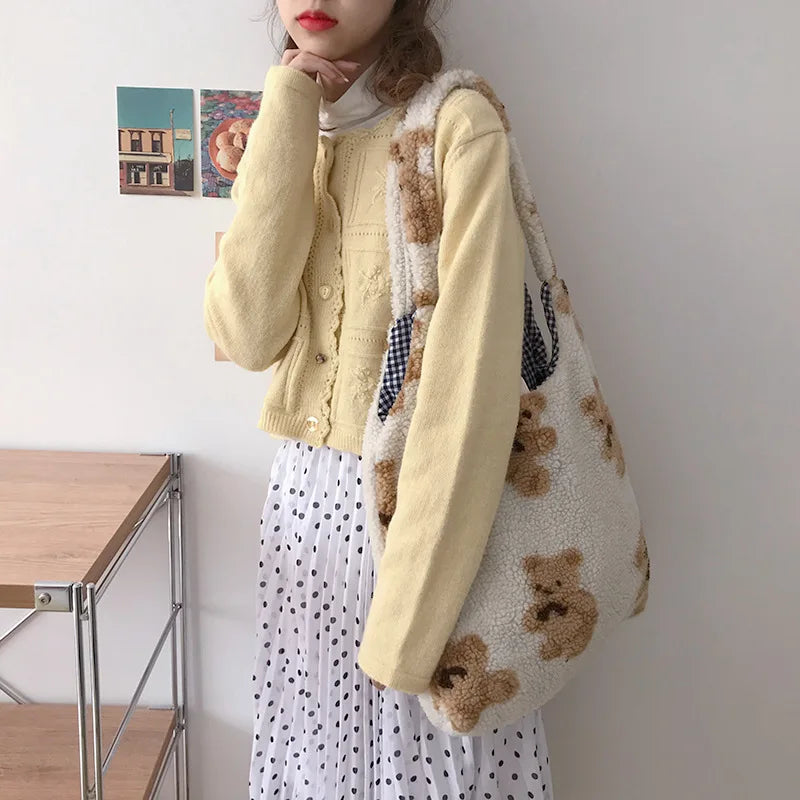 Plush Bear Shoulder Bag Soft, Cute & Ultra Trendy , Premium Large Capacity Plush Tote  Fashionable, Fun & Practical