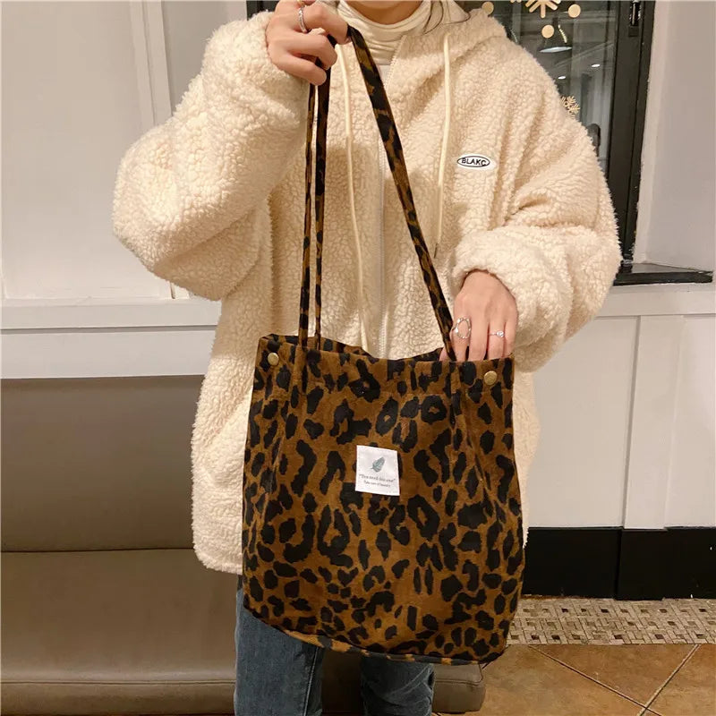 Premium Canvas Lined Shoulder Bag Stylish, Practical & Fashion2026 Wild Chic! Corduroy Leopard Tote Bag Cute, Eco-Friendly & Ultra Trendy